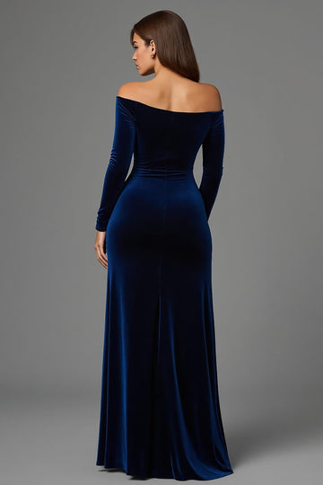 Off The Shoulder Navy Cut-Out Long Sleeve Velvet Formal Dress With Slit